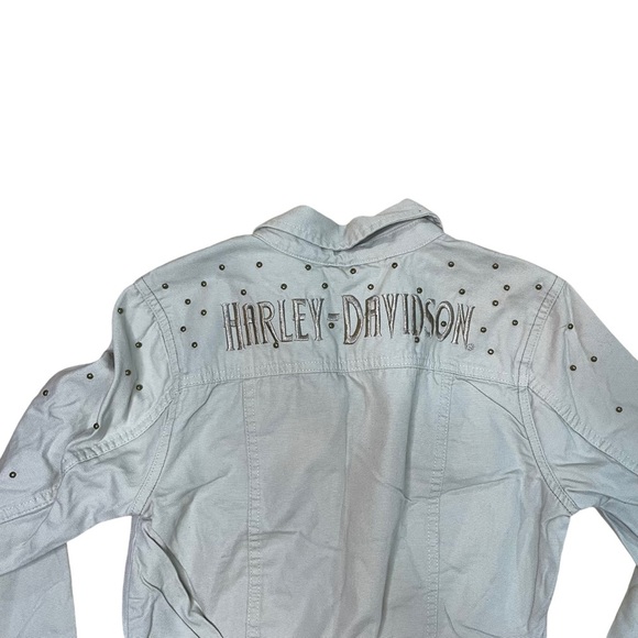 Vintage Harley Davidson Women’s Studded Cropped Button Down Tan Denim Jacket - Picture 4 of 5